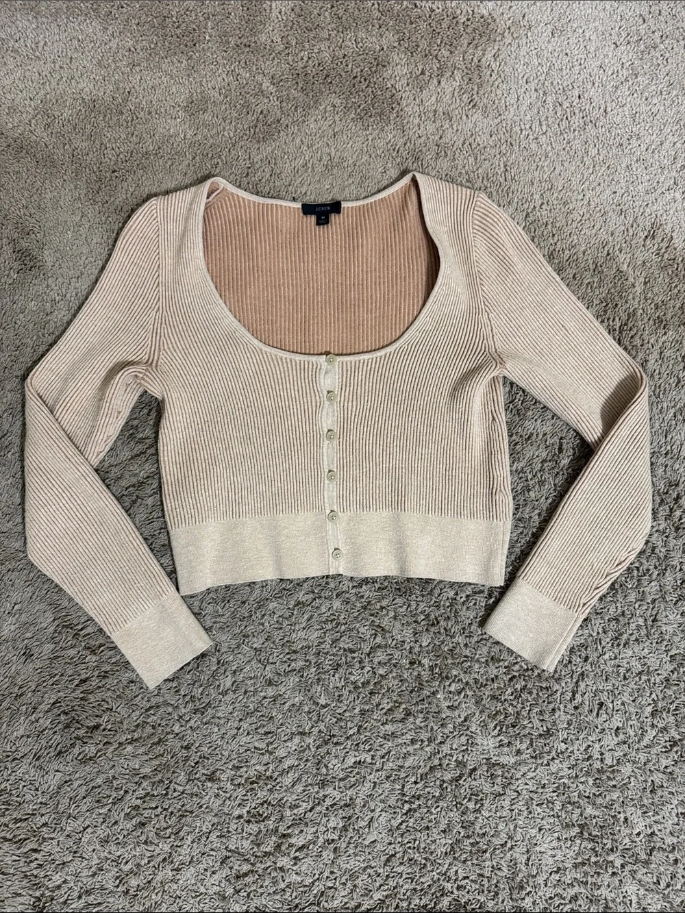 J. Crew Ribbed Scoop-Neck Button Front Cropped Sweater Tan size M Casual Capsule